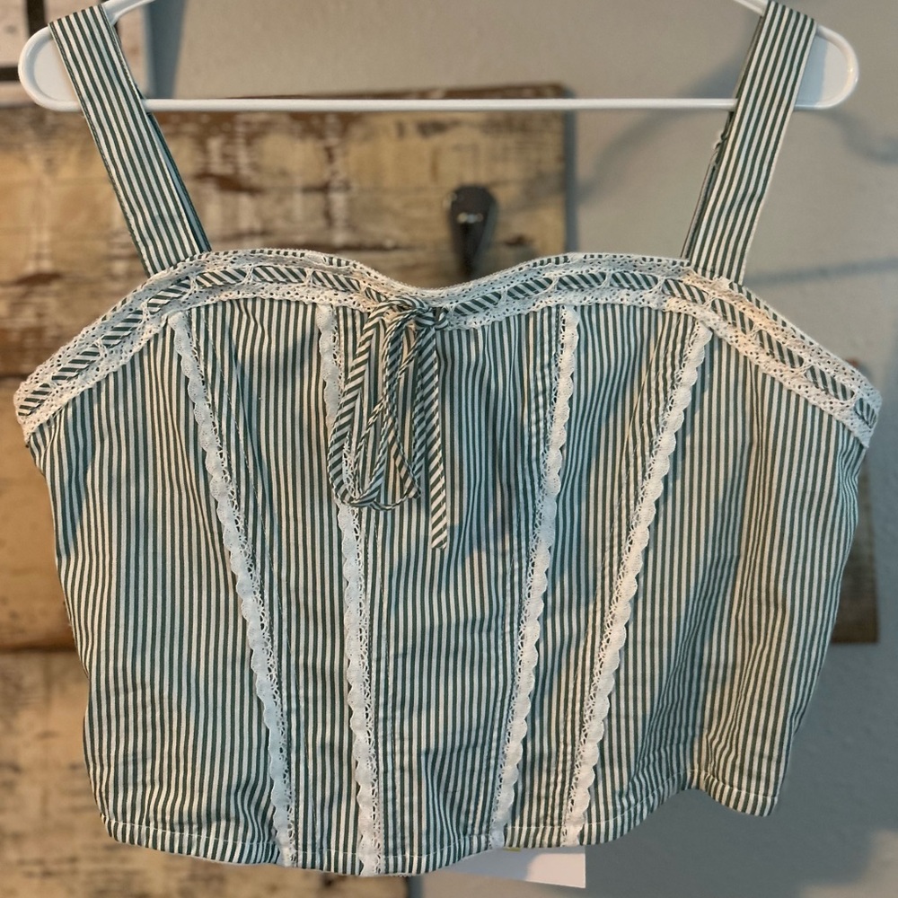 Lace-Trimmed Corset Crop Tank Top w/ Crochet Lace Trim, Blue/White, Medium, BNWT